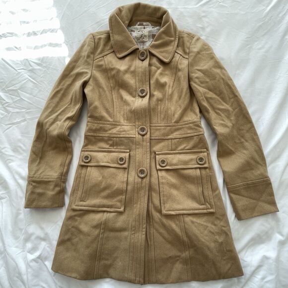 Tulle Wool Blend Coat Camel Tan Button Front Lined Jacket Pockets Womens Small S - Picture 1 of 10